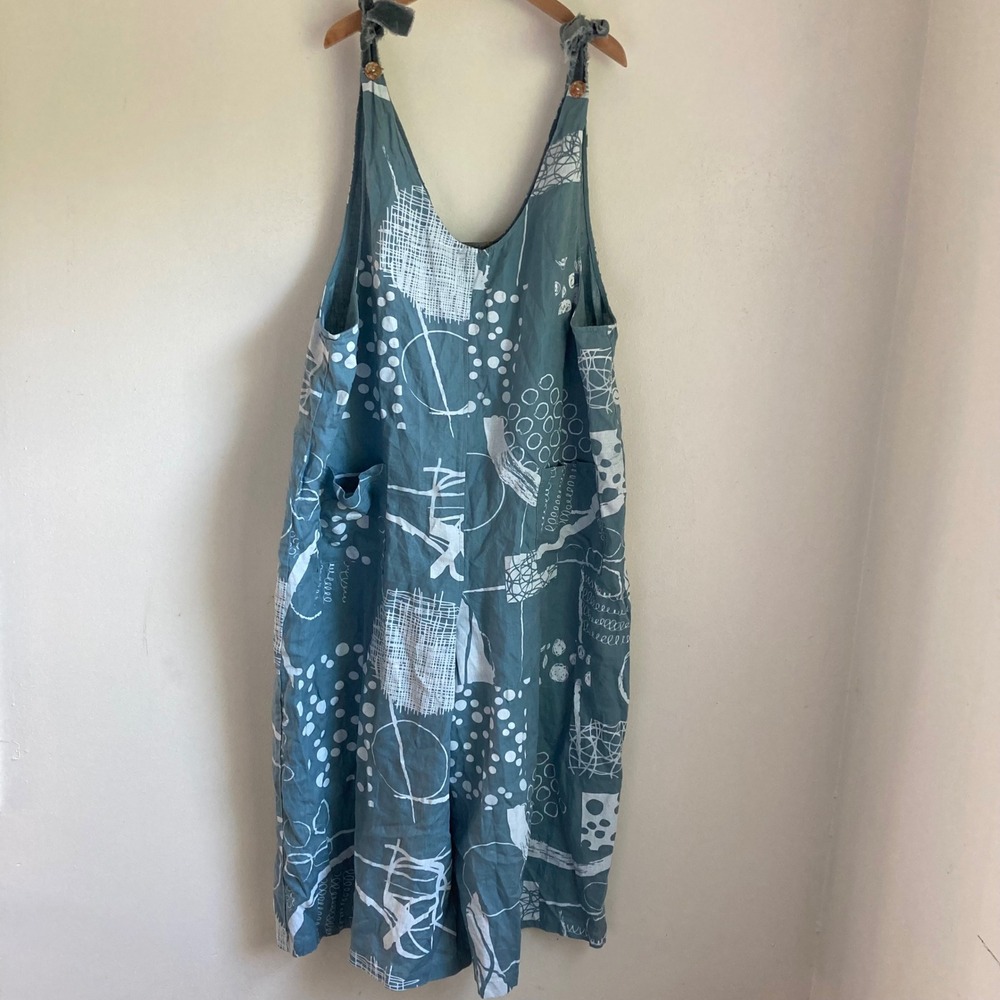 Chalet et ceci Blue Abstract Print 100% Linen Wide Leg Jumpsuit XL